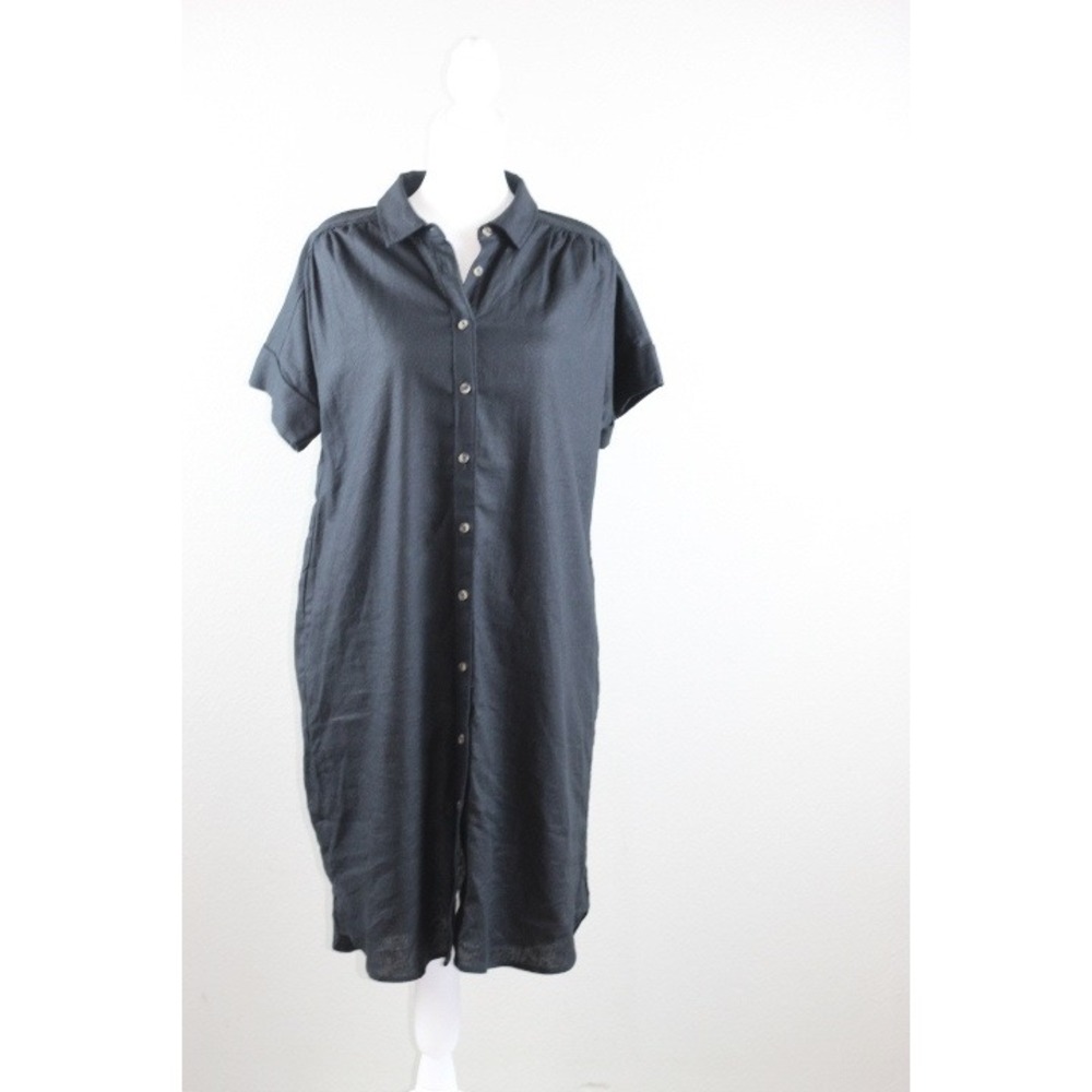 Well WornCourier Button Down Shirt Dress Black Linen Cotton Blend Short Sleeve S